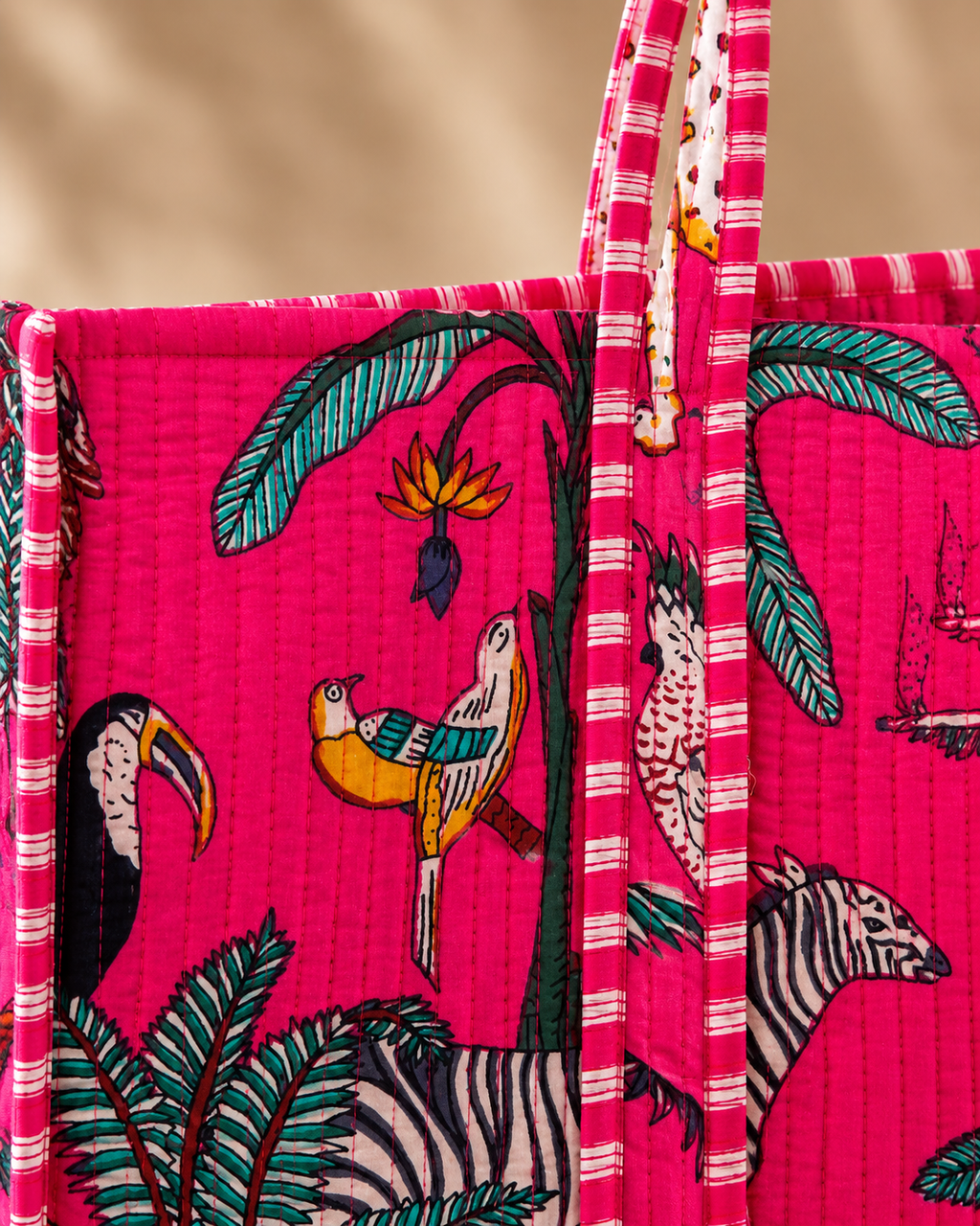 Vibrant Pink Jungle Safari Quilted Tote Bag - Hand-Block Printed Cotton Travel and Beach Shoulder Bag