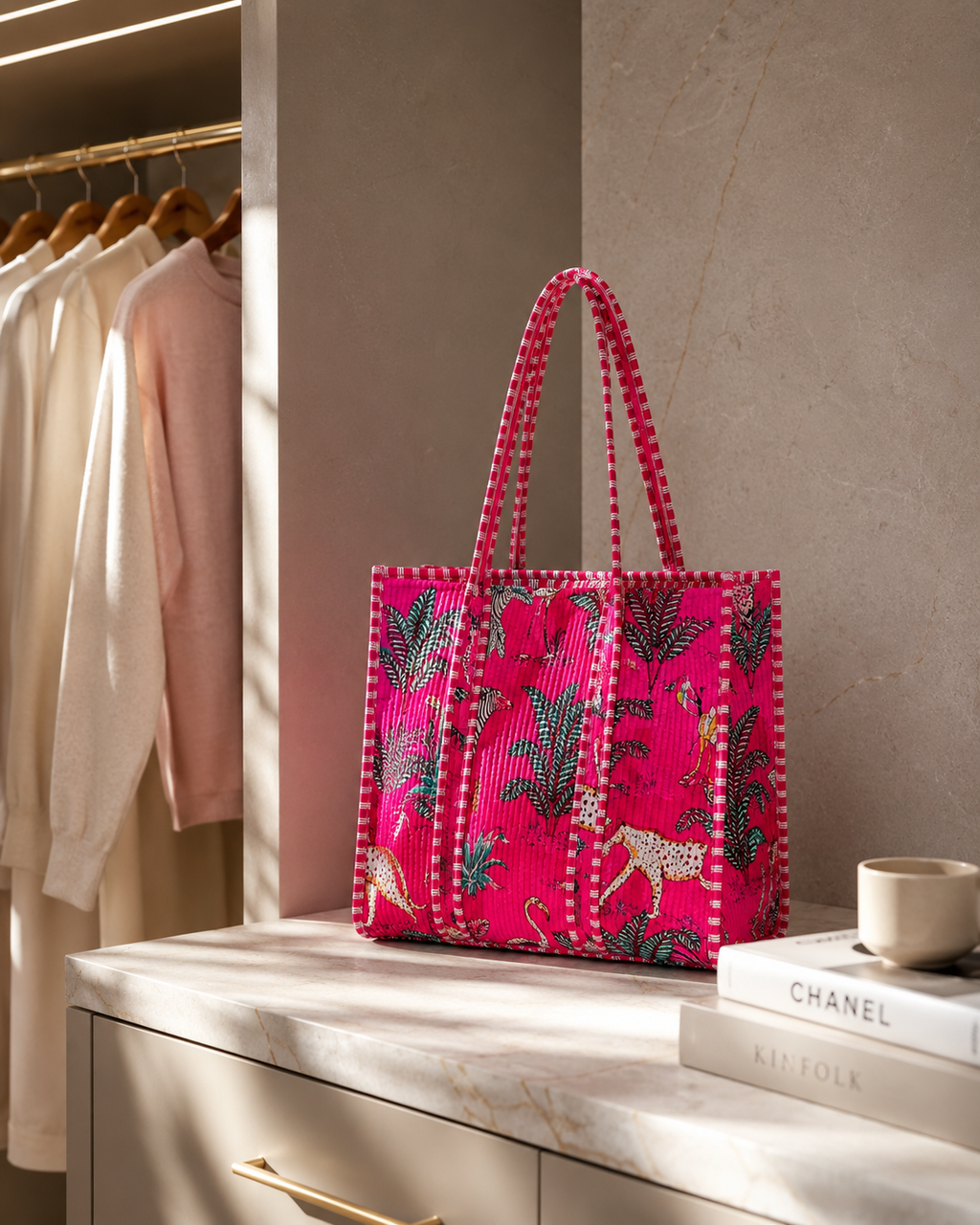 Vibrant Pink Jungle Safari Quilted Tote Bag - Hand-Block Printed Cotton Travel and Beach Shoulder Bag