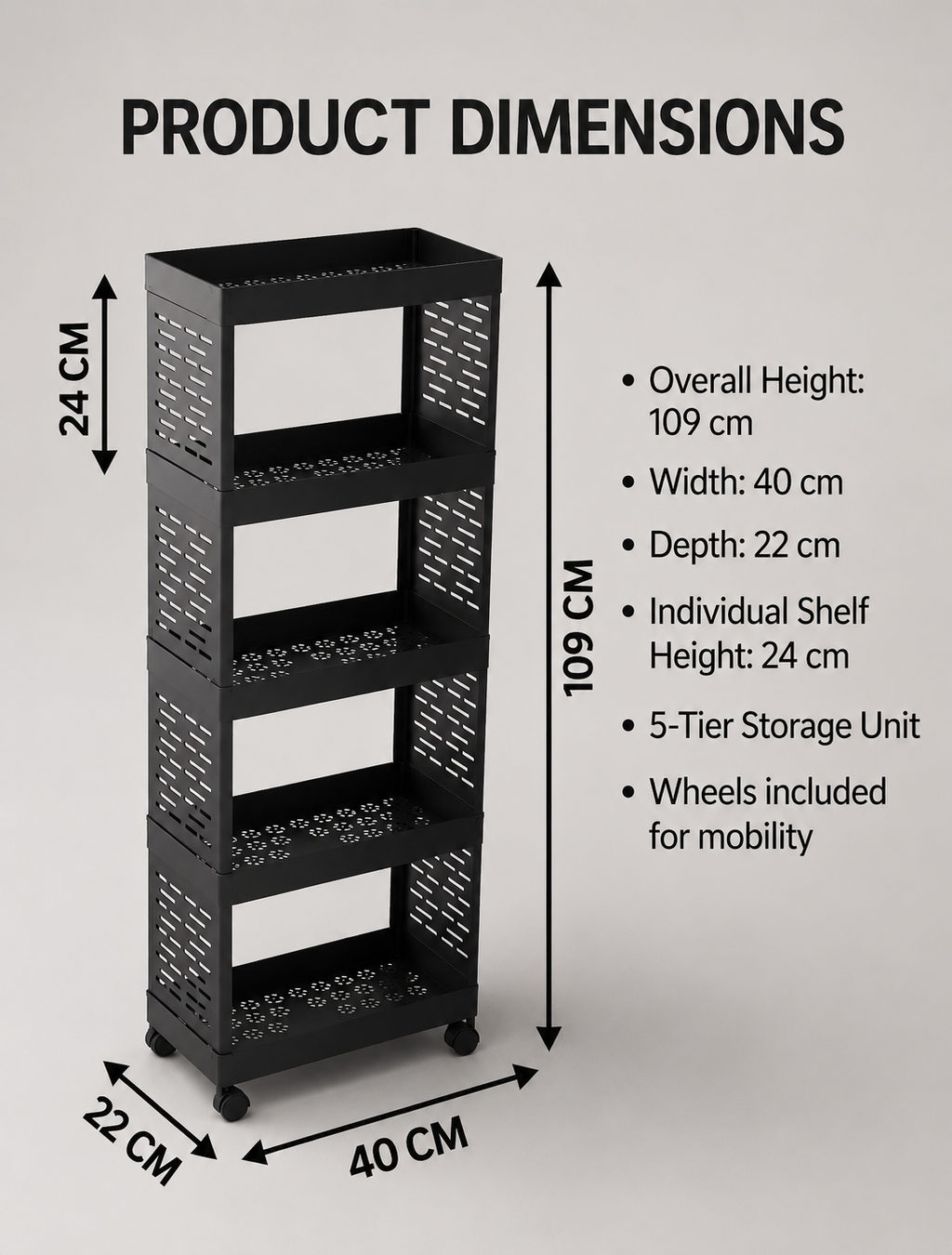5-Tier Slim Rolling Utility Cart – Heavy-Duty Matte Black Metal Organizer Rack with Wheels for Kitchen Pantry, Home Office, and Craft Storage