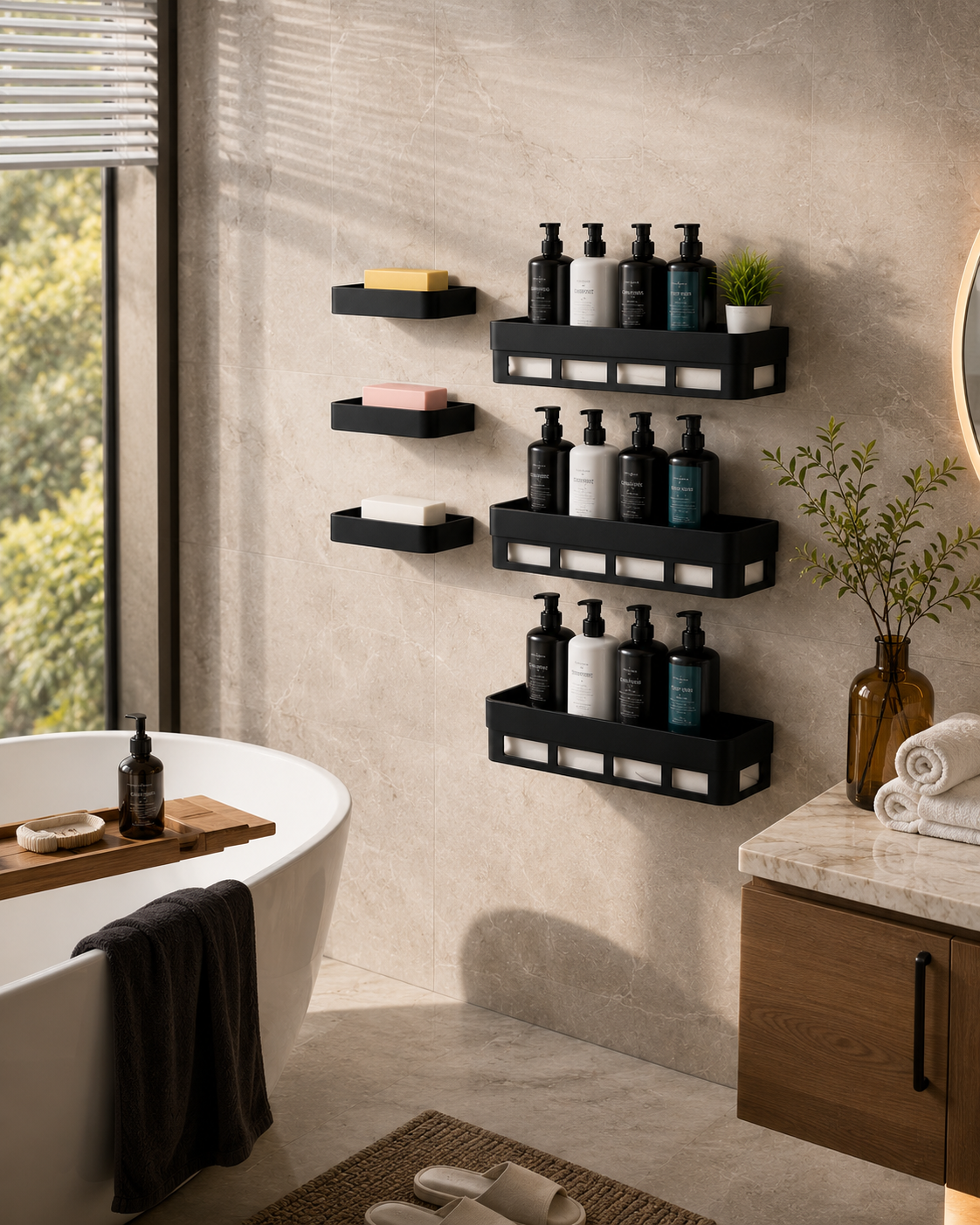 Self-Adhesive Wall Mounted Bathroom Caddy and Soap Holder Set