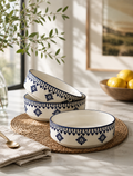 Artisan Blue & White Floral Ceramic Serving Bowls (Set of 3)