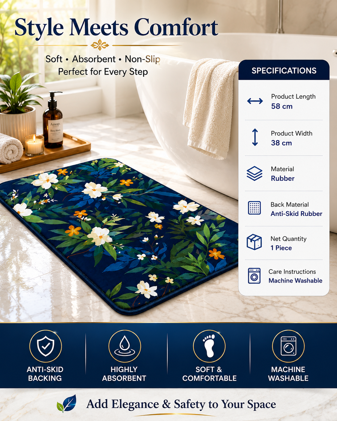 Anti-Slip  Blue Floral Rubber Bath Mat for Bathroom and Entryway