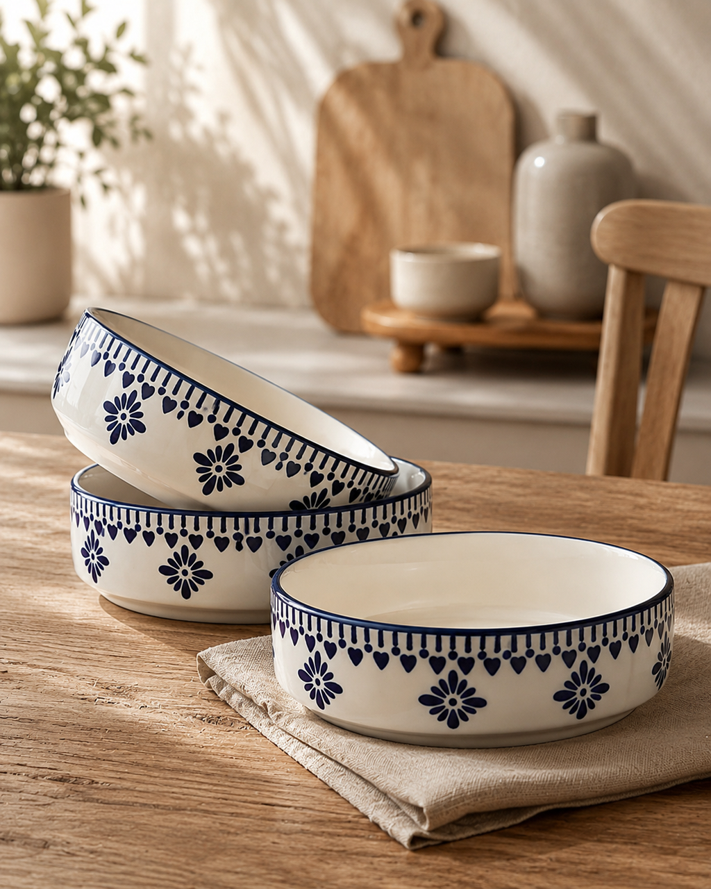 Artisan Blue & White Floral Ceramic Serving Bowls (Set of 3)