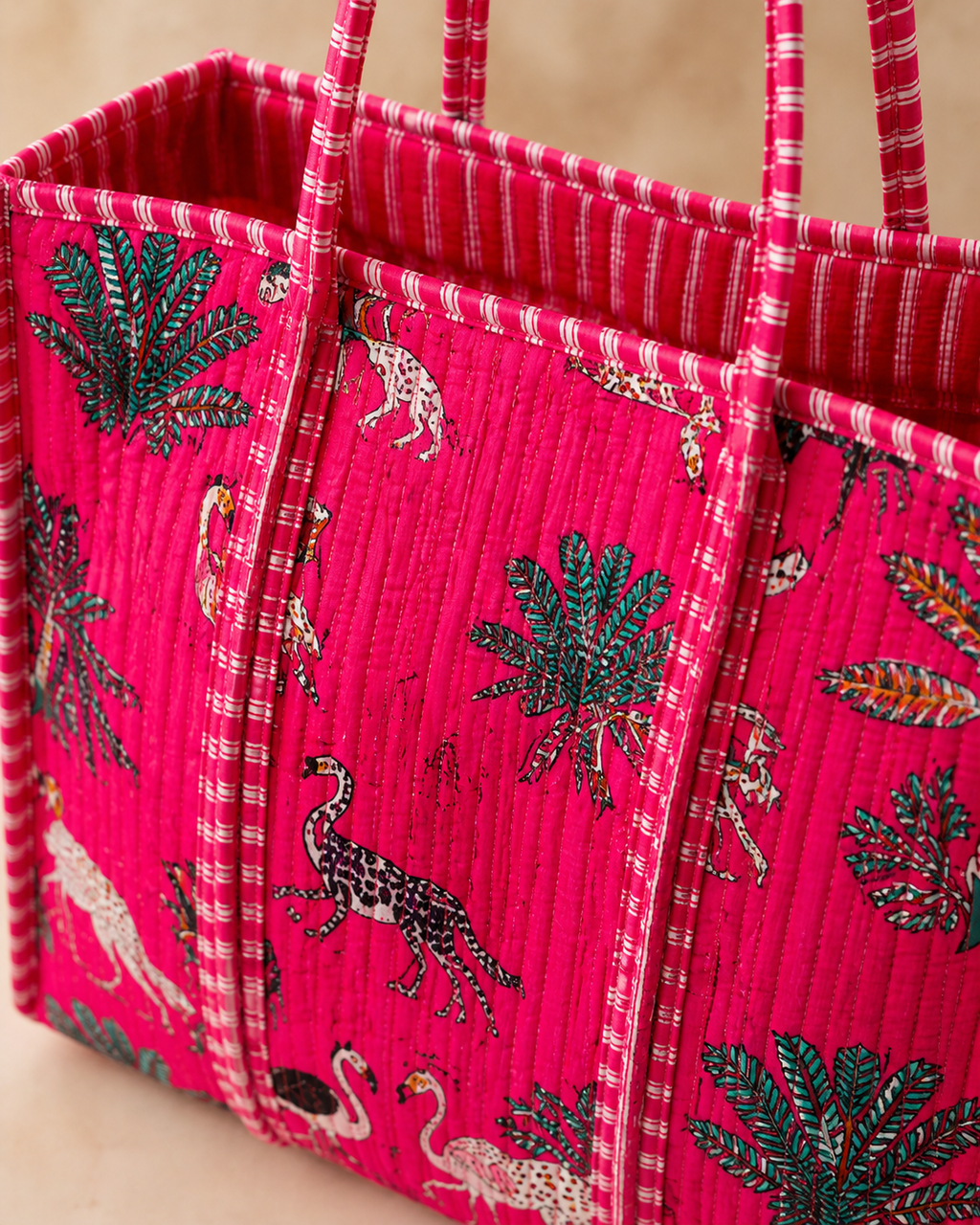 Vibrant Pink Jungle Safari Quilted Tote Bag - Hand-Block Printed Cotton Travel and Beach Shoulder Bag