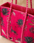 Vibrant Pink Jungle Safari Quilted Tote Bag - Hand-Block Printed Cotton Travel and Beach Shoulder Bag