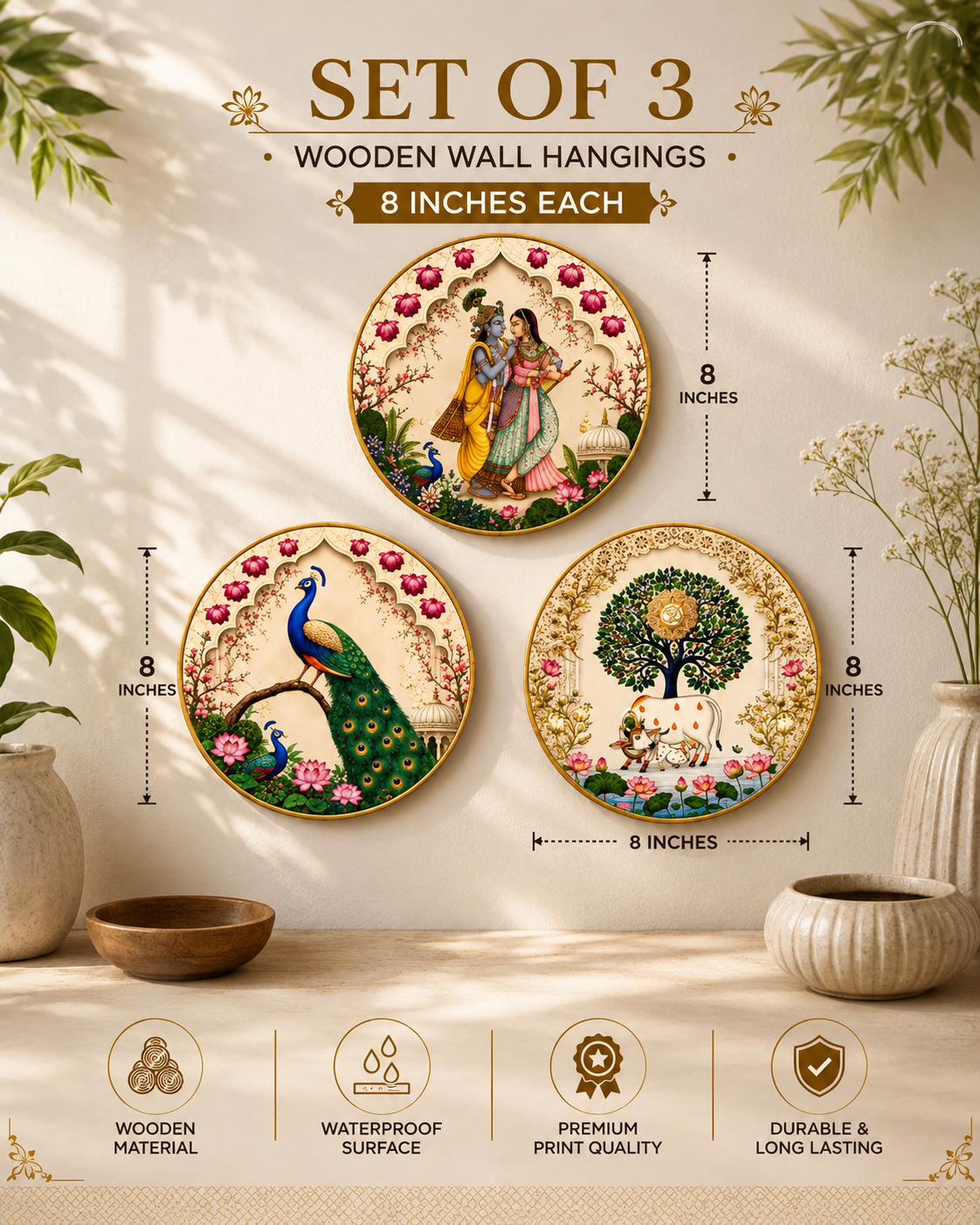 Set of 3 Traditional Indian Art Wooden Wall Hangings – Radha Krishna, Peacock & Cow (8 Inch)