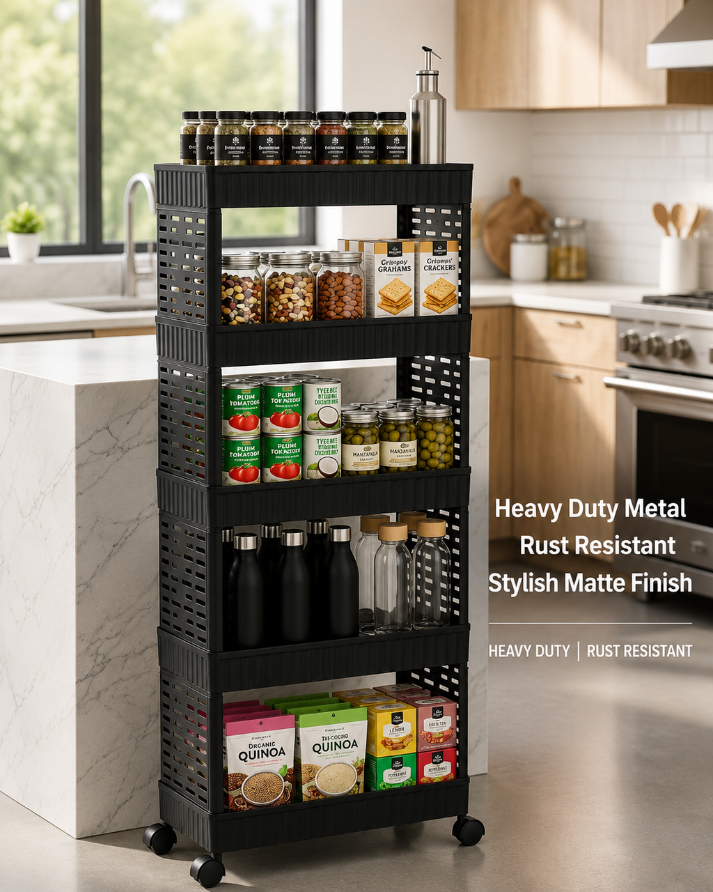 5-Tier Slim Rolling Utility Cart – Heavy-Duty Matte Black Metal Organizer Rack with Wheels for Kitchen Pantry, Home Office, and Craft Storage