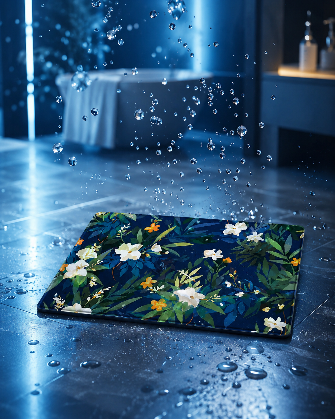 Anti-Slip  Blue Floral Rubber Bath Mat for Bathroom and Entryway