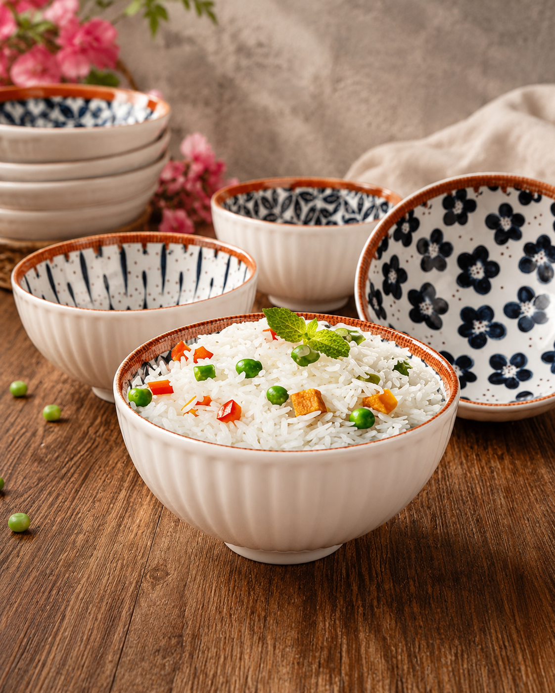 Elegant Floral Ceramic Bowls (4-Piece Set) – 250ml Cute Patterned Rice, Soup, &amp; Dessert Bowls