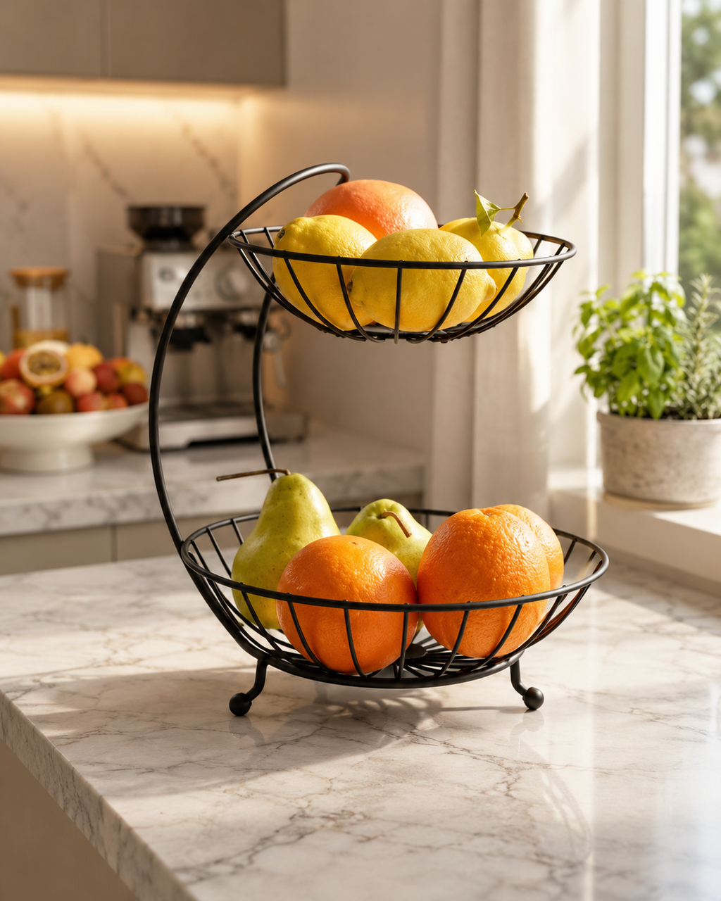 2-Tier Matte Black Metal Fruit Basket Stand – Decorative Dual-Layer Countertop Storage Organizer for Fruits, Vegetables, and Snacks