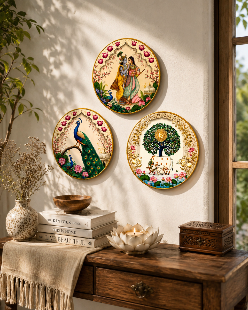 Set of 3 Traditional Indian Art Wooden Wall Hangings – Radha Krishna, Peacock & Cow (8 Inch)