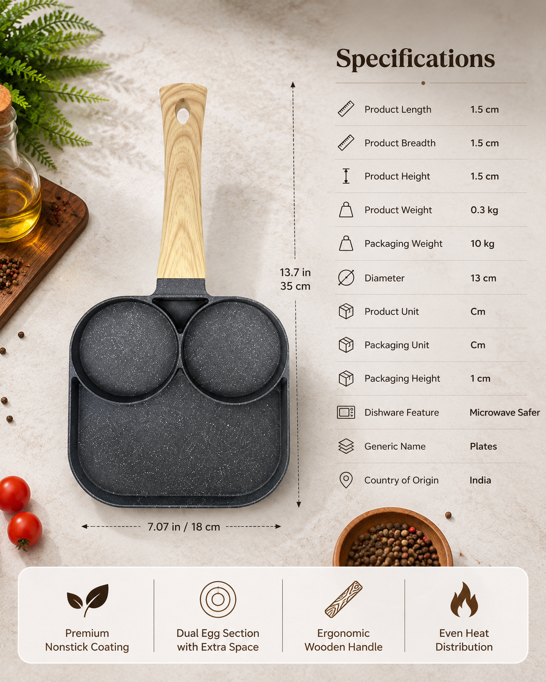 3-in-1 Nonstick Breakfast Frying Pan with Dual Egg Sections