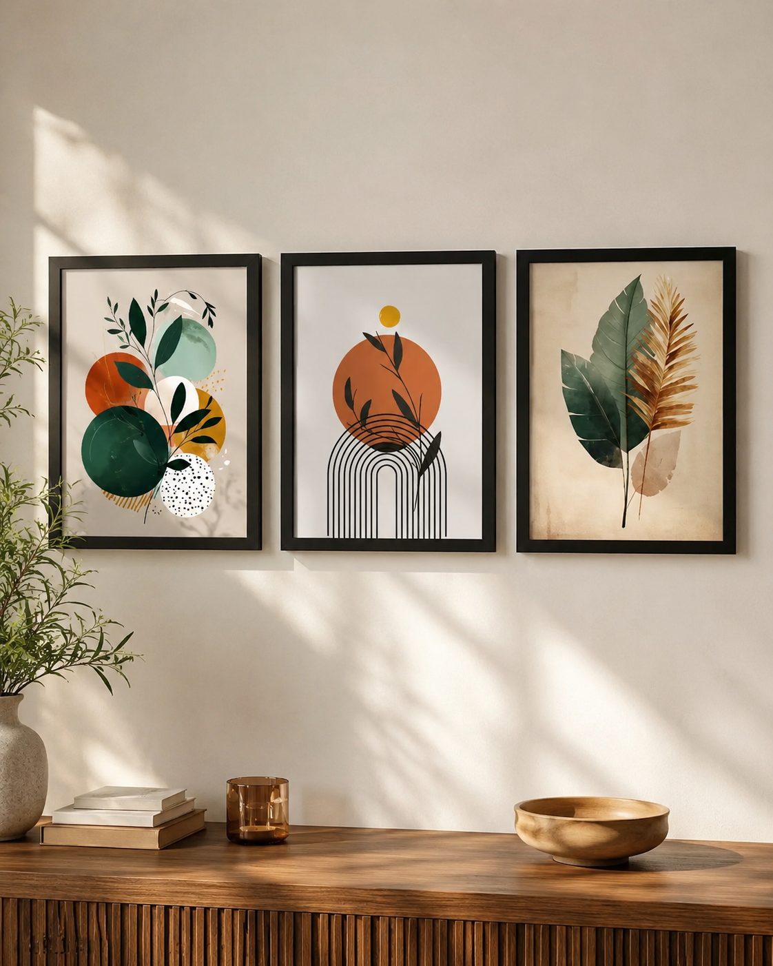 Modern Boho Geometric Botanical Wall Art Frames Set of 3 A4 Size