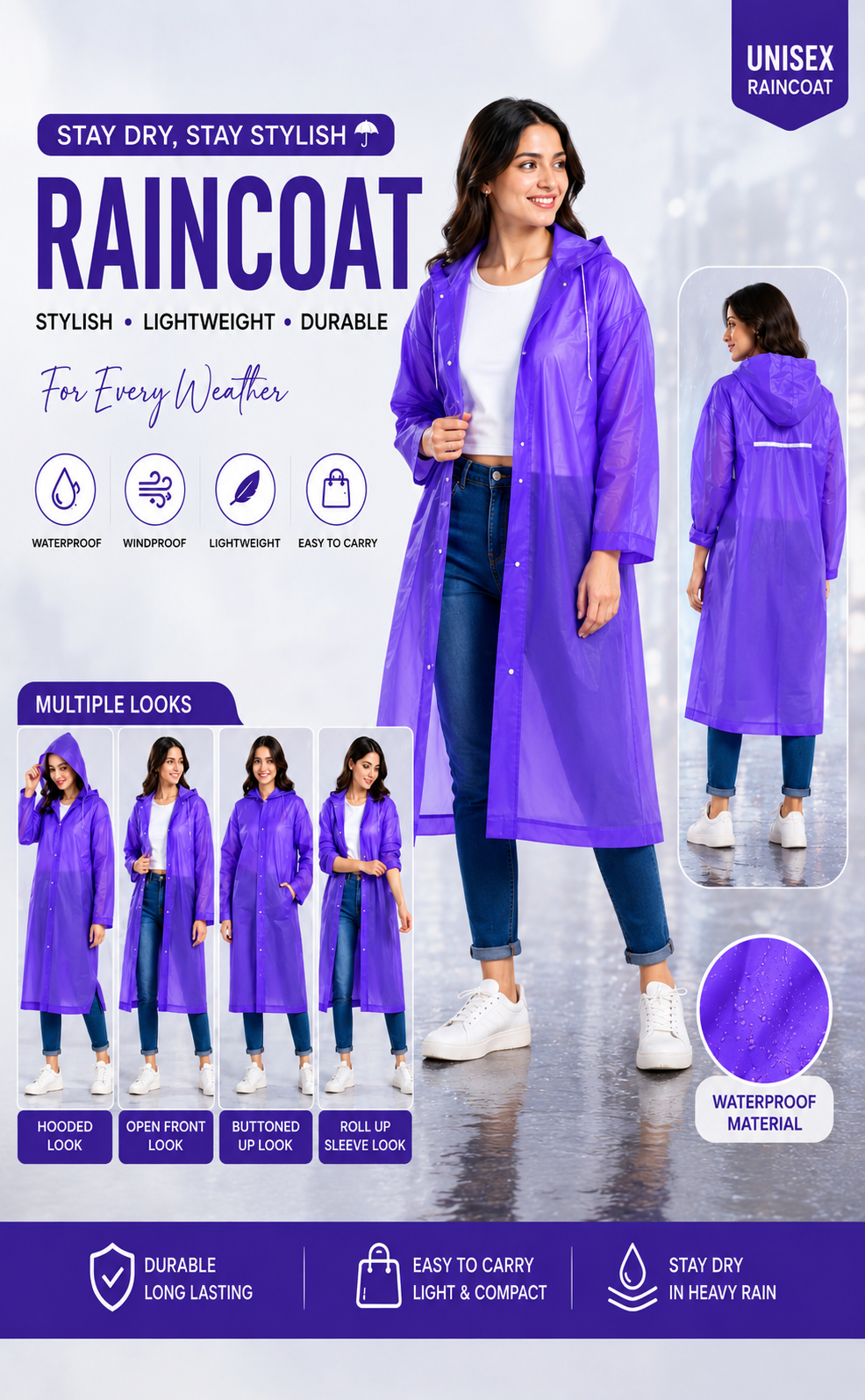 Premium Long Purple Rain Jacket for Men and Women Unisex Rain Gear