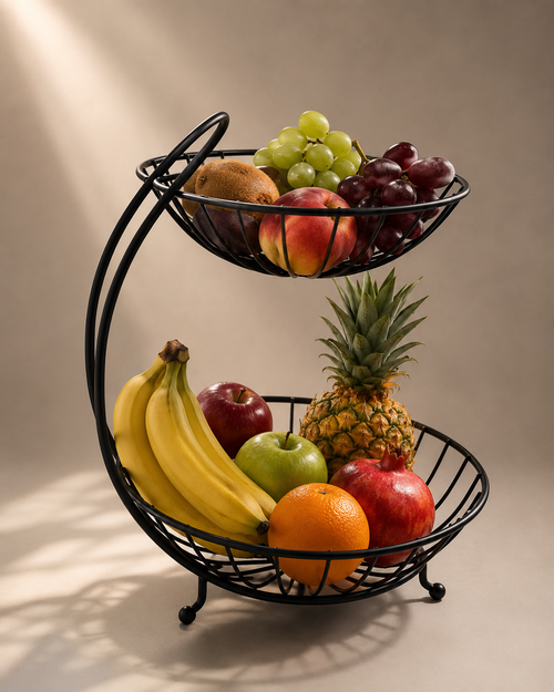 2-Tier Matte Black Metal Fruit Basket Stand – Decorative Dual-Layer Countertop Storage Organizer for Fruits, Vegetables, and Snacks