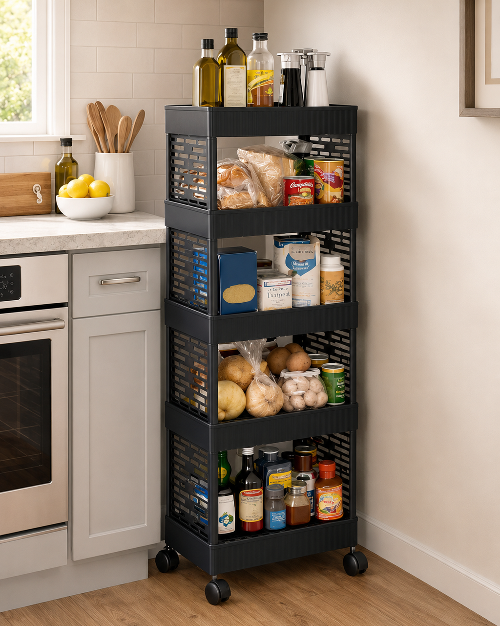 5-Tier Slim Rolling Utility Cart – Heavy-Duty Matte Black Metal Organizer Rack with Wheels for Kitchen Pantry, Home Office, and Craft Storage