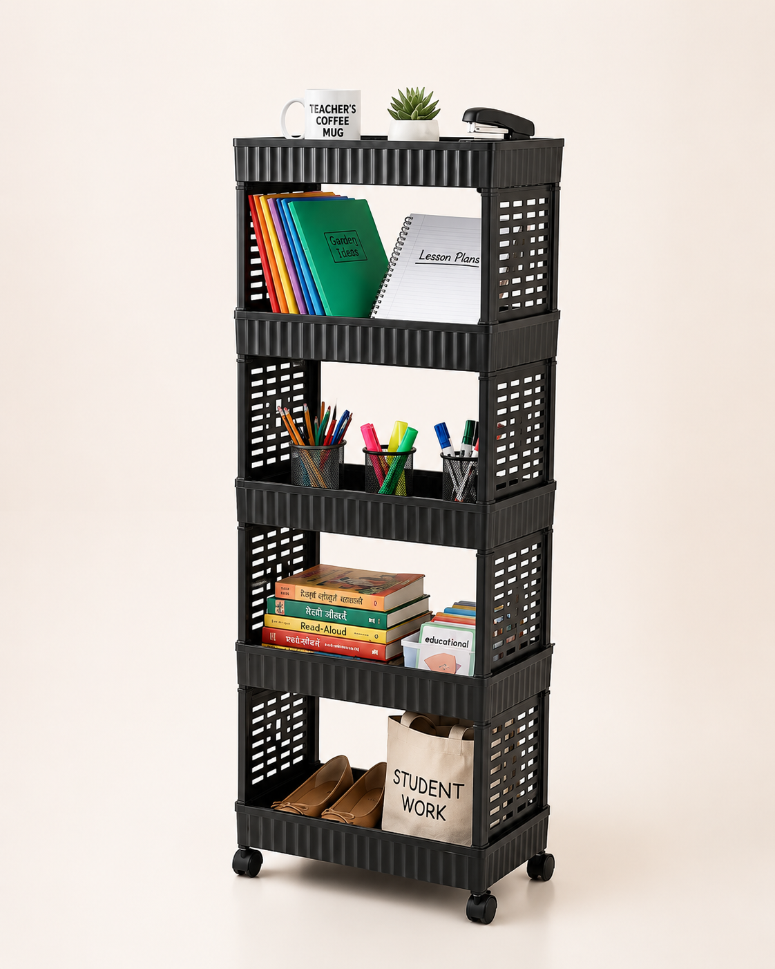 5-Tier Slim Rolling Utility Cart – Heavy-Duty Matte Black Metal Organizer Rack with Wheels for Kitchen Pantry, Home Office, and Craft Storage