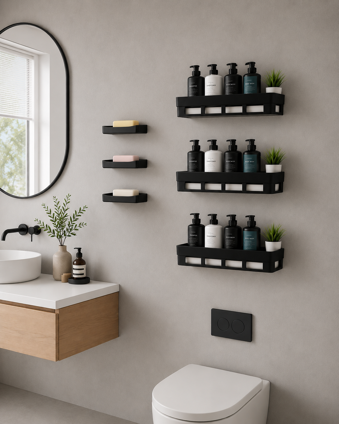 Self-Adhesive Wall Mounted Bathroom Caddy and Soap Holder Set