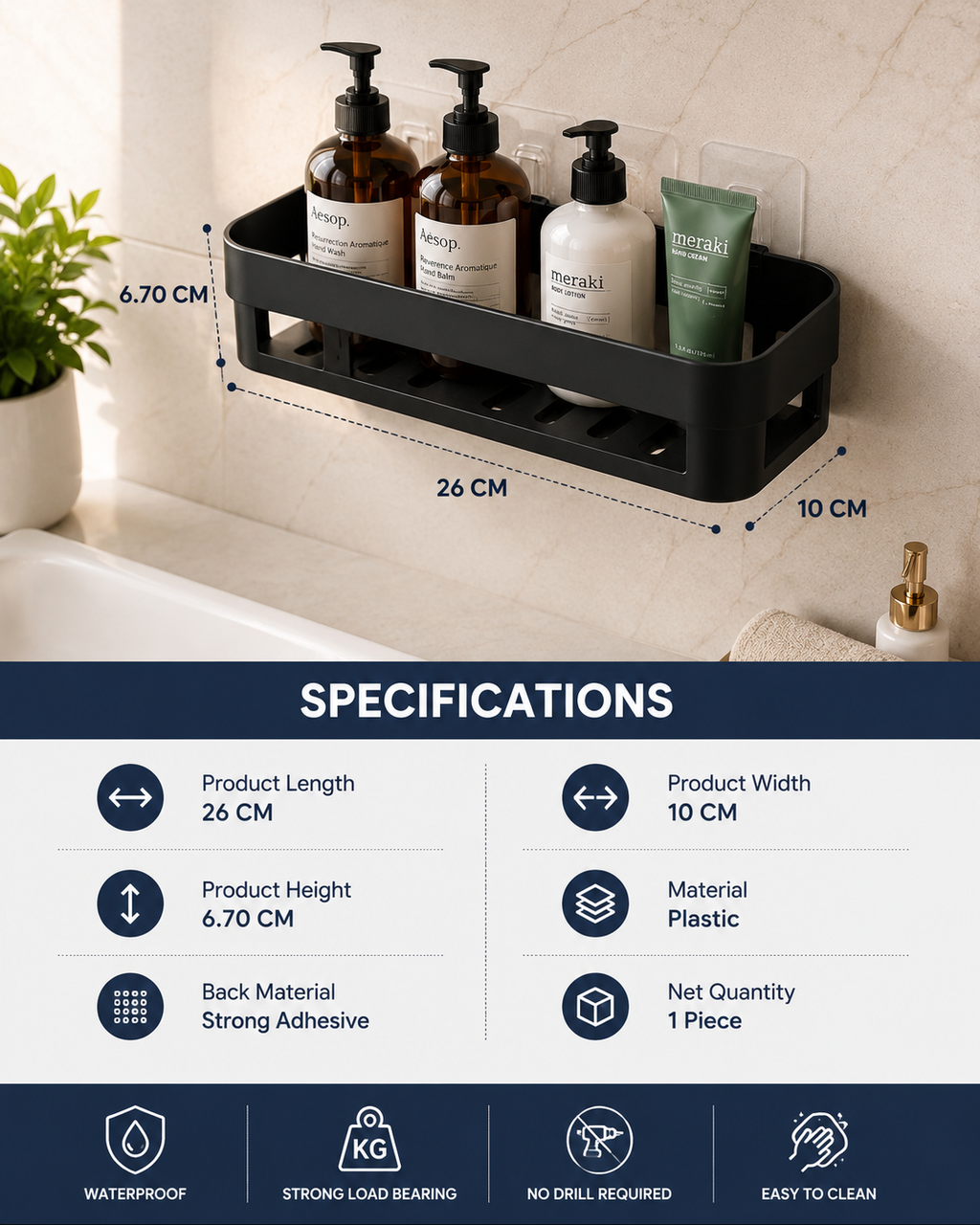 Self-Adhesive Wall Mounted Bathroom Caddy and Soap Holder Set