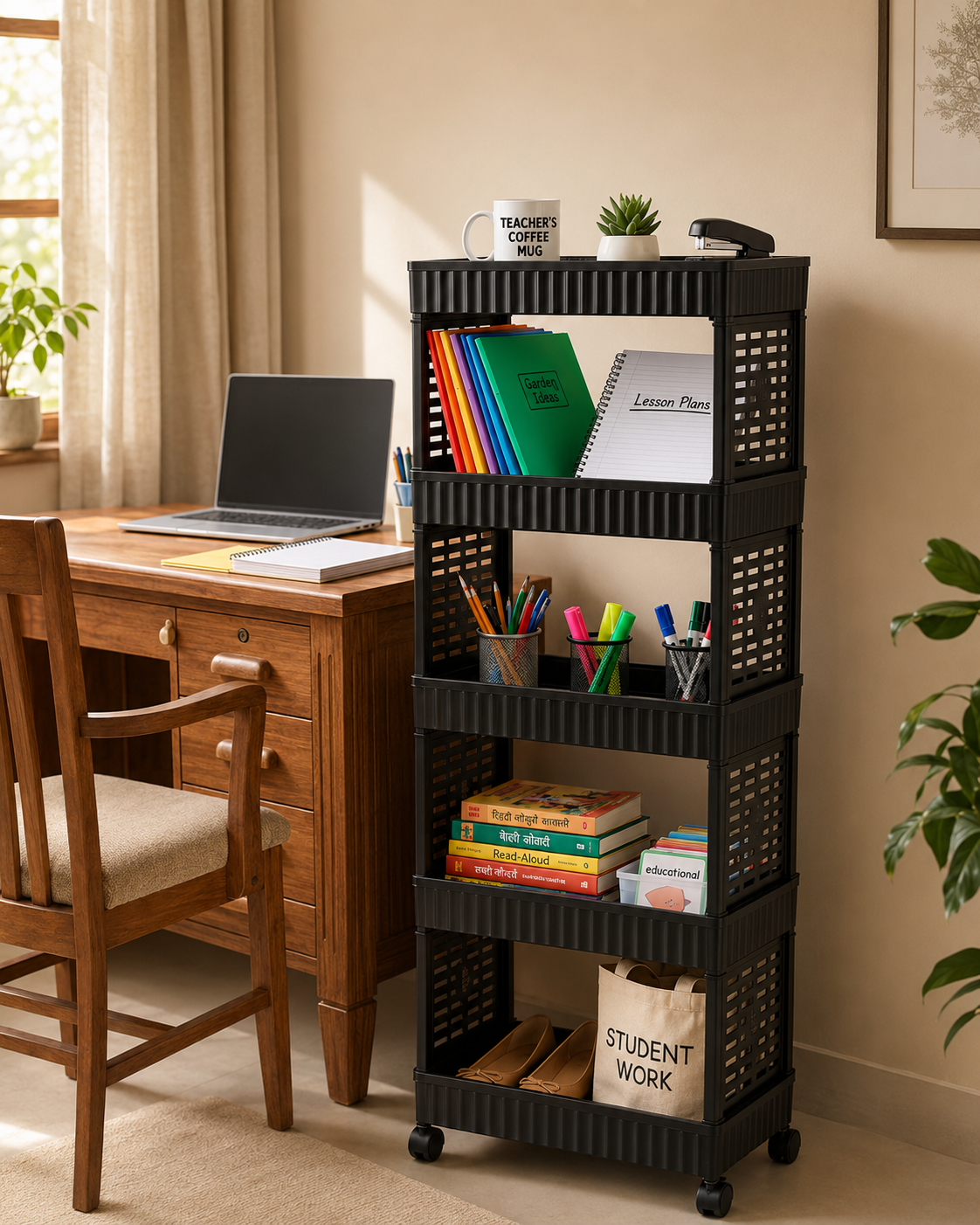 5-Tier Slim Rolling Utility Cart – Heavy-Duty Matte Black Metal Organizer Rack with Wheels for Kitchen Pantry, Home Office, and Craft Storage