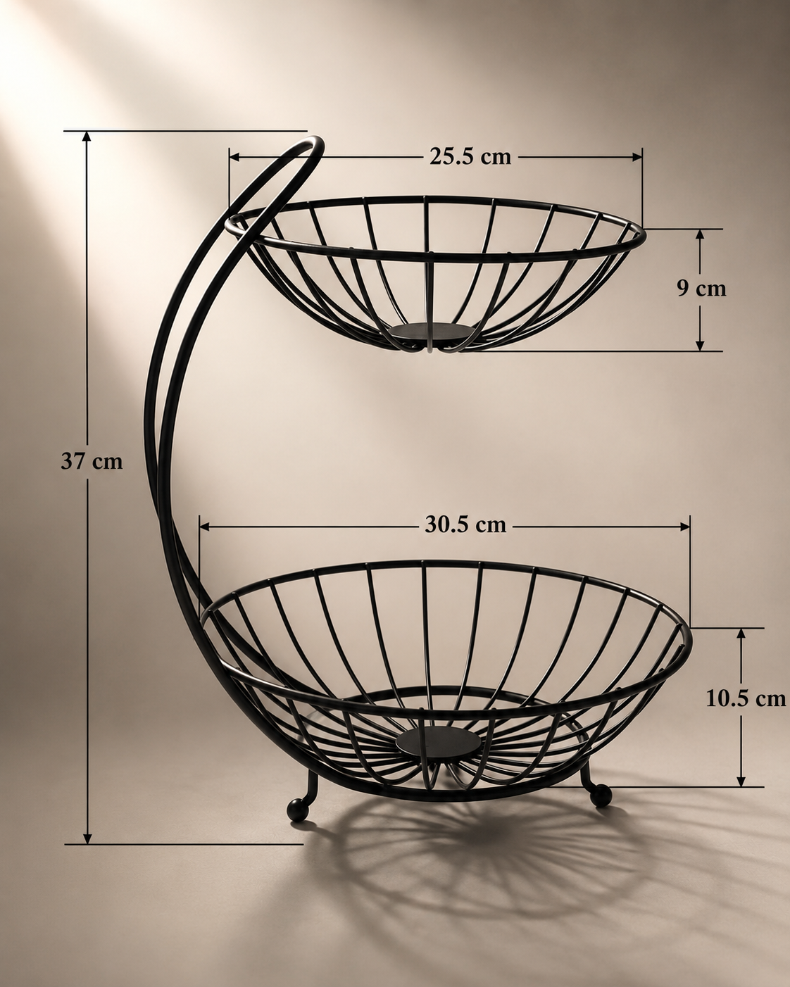 2-Tier Matte Black Metal Fruit Basket Stand – Decorative Dual-Layer Countertop Storage Organizer for Fruits, Vegetables, and Snacks
