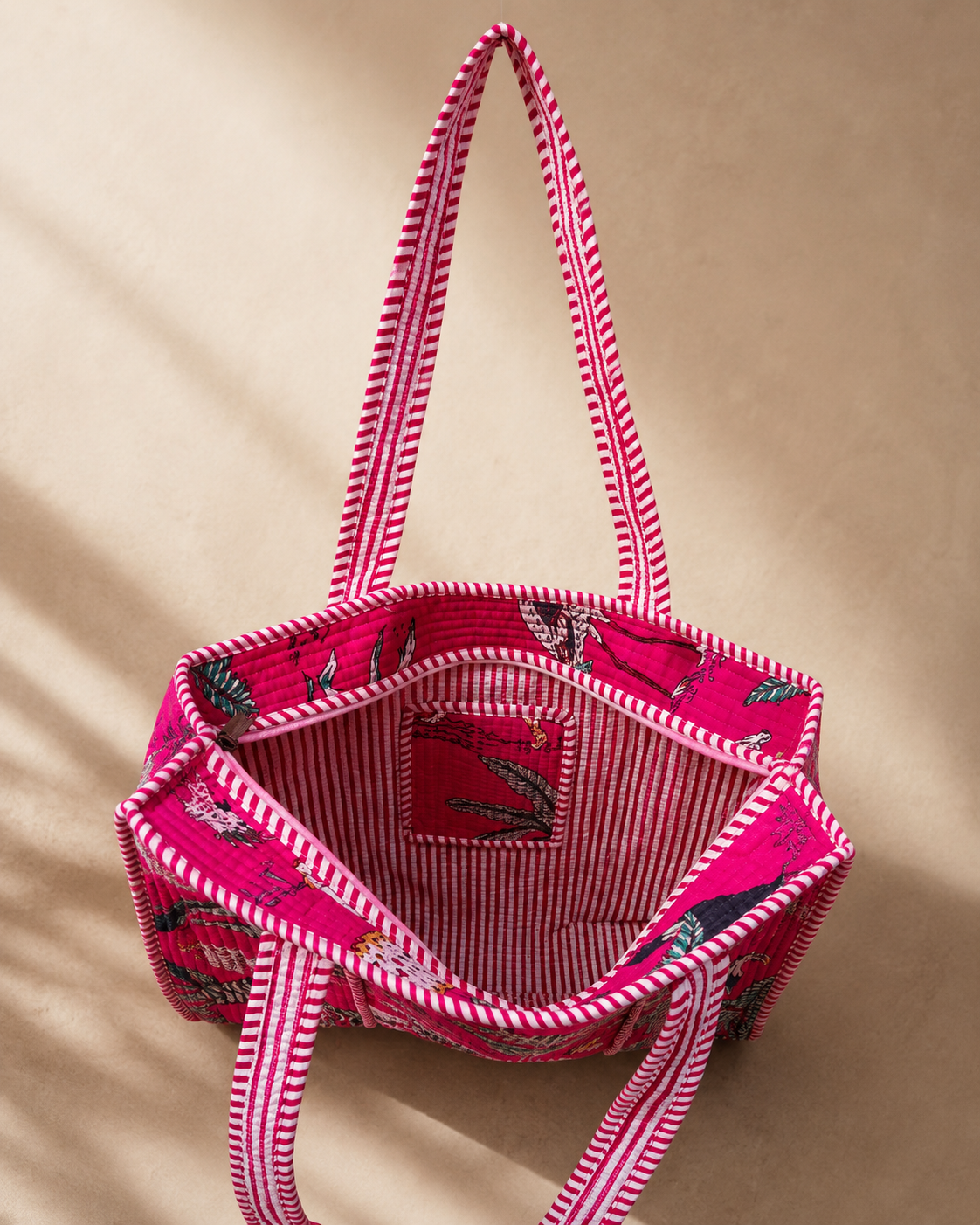Vibrant Pink Jungle Safari Quilted Tote Bag - Hand-Block Printed Cotton Travel and Beach Shoulder Bag