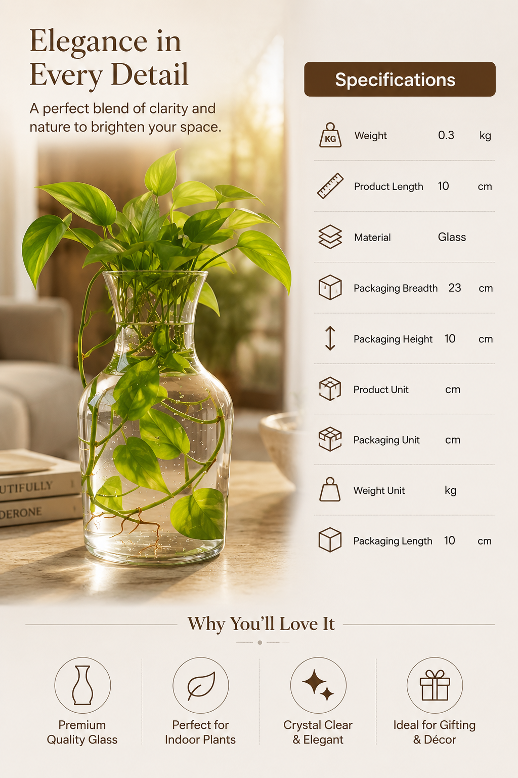 Modern Clear Glass Vase for Money Plant and Flowers