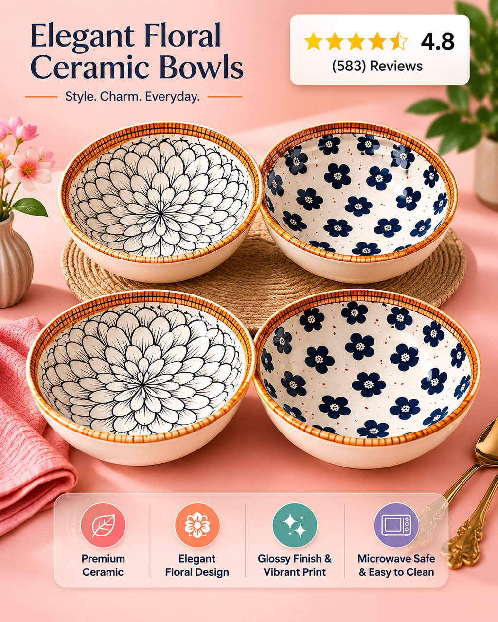 Elegant Floral Ceramic Bowls (4-Piece Set) – 250ml Cute Patterned Rice, Soup, &amp; Dessert Bowls