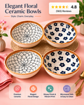 Elegant Floral Ceramic Bowls (4-Piece Set) – 250ml Cute Patterned Rice, Soup, &amp; Dessert Bowls