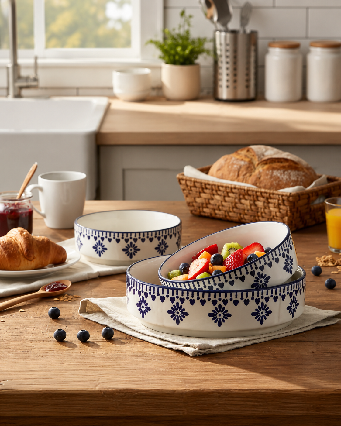 Artisan Blue & White Floral Ceramic Serving Bowls (Set of 3)