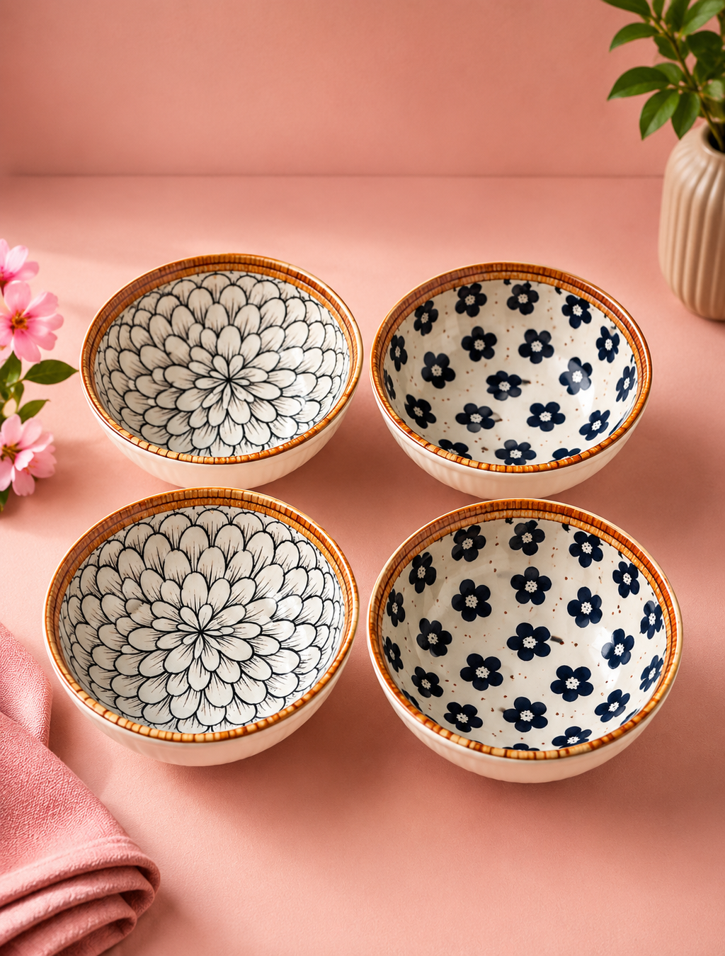 Elegant Floral Ceramic Bowls (4-Piece Set) – 250ml Cute Patterned Rice, Soup, &amp; Dessert Bowls