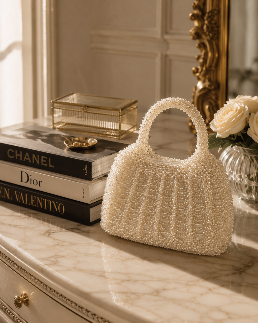 Handcrafted White Pearl Beaded Luxury Handbag Elegant Bridal Clutch