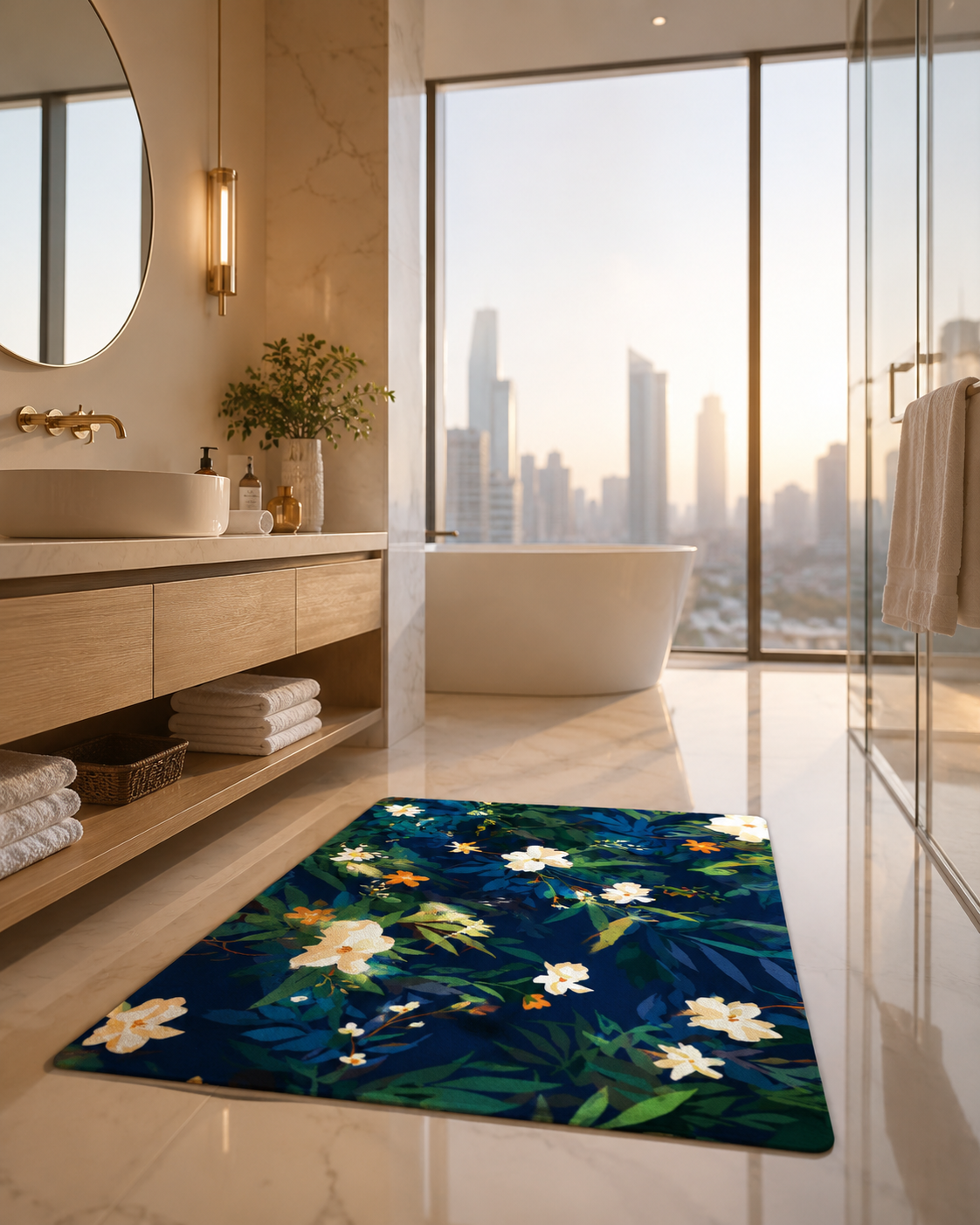 Anti-Slip  Blue Floral Rubber Bath Mat for Bathroom and Entryway