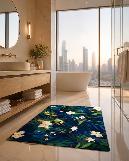 Anti-Slip  Blue Floral Rubber Bath Mat for Bathroom and Entryway
