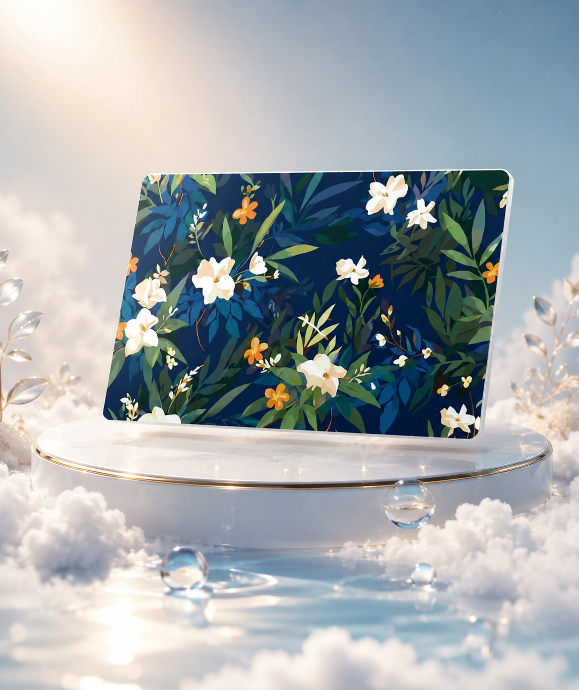 Anti-Slip  Blue Floral Rubber Bath Mat for Bathroom and Entryway