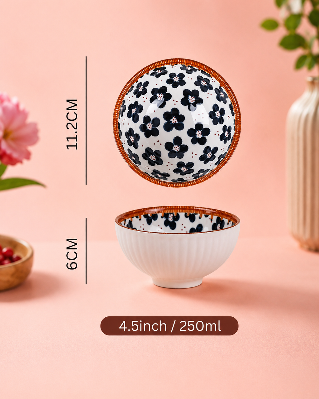 Elegant Floral Ceramic Bowls (4-Piece Set) – 250ml Cute Patterned Rice, Soup, &amp; Dessert Bowls