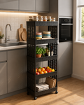 5-Tier Slim Rolling Utility Cart – Heavy-Duty Matte Black Metal Organizer Rack with Wheels for Kitchen Pantry, Home Office, and Craft Storage