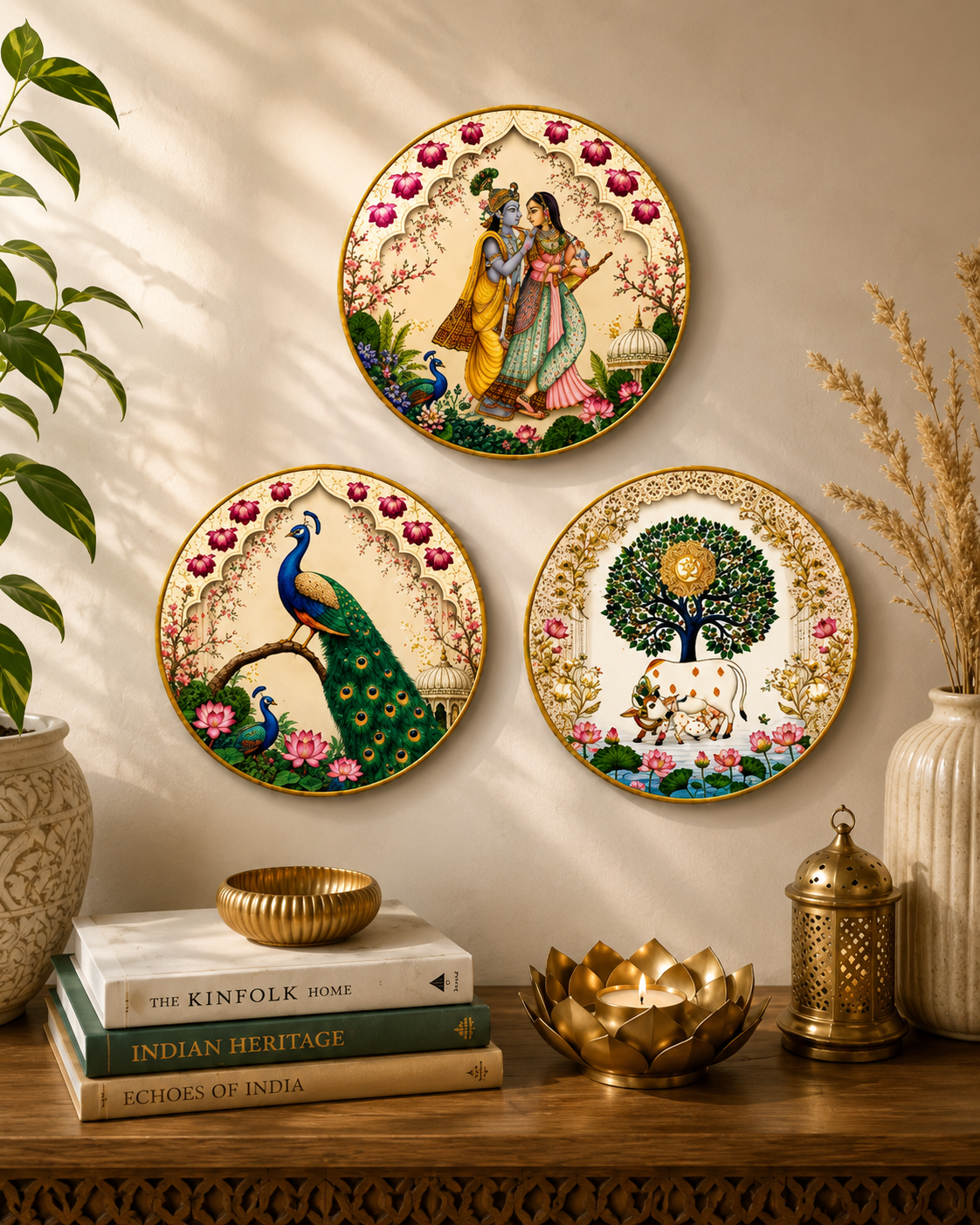 Set of 3 Traditional Indian Art Wooden Wall Hangings – Radha Krishna, Peacock & Cow (8 Inch)