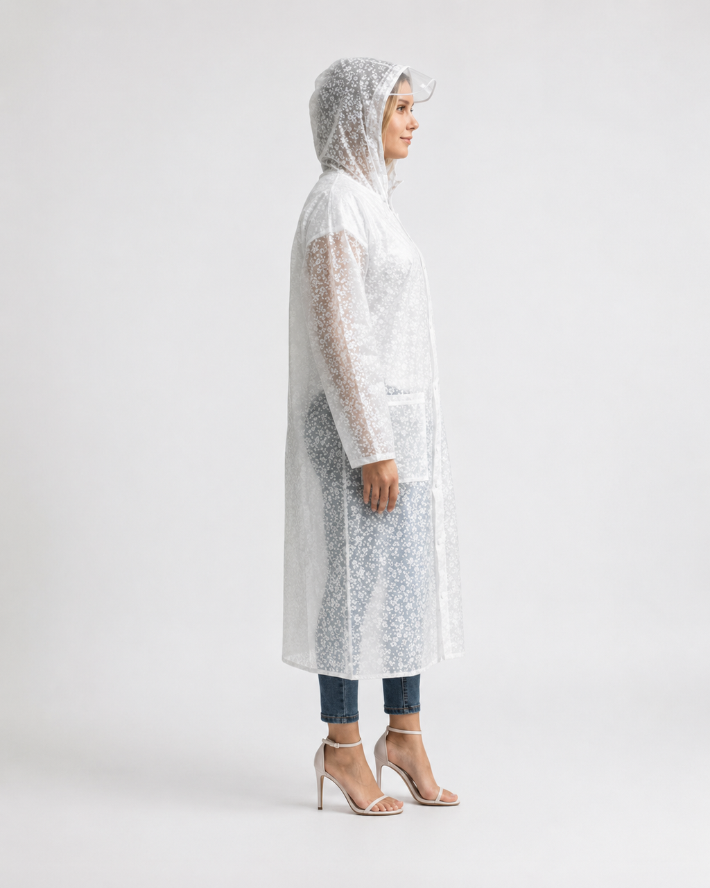 Translucent White Floral Raincoat Lightweight Rain Wear