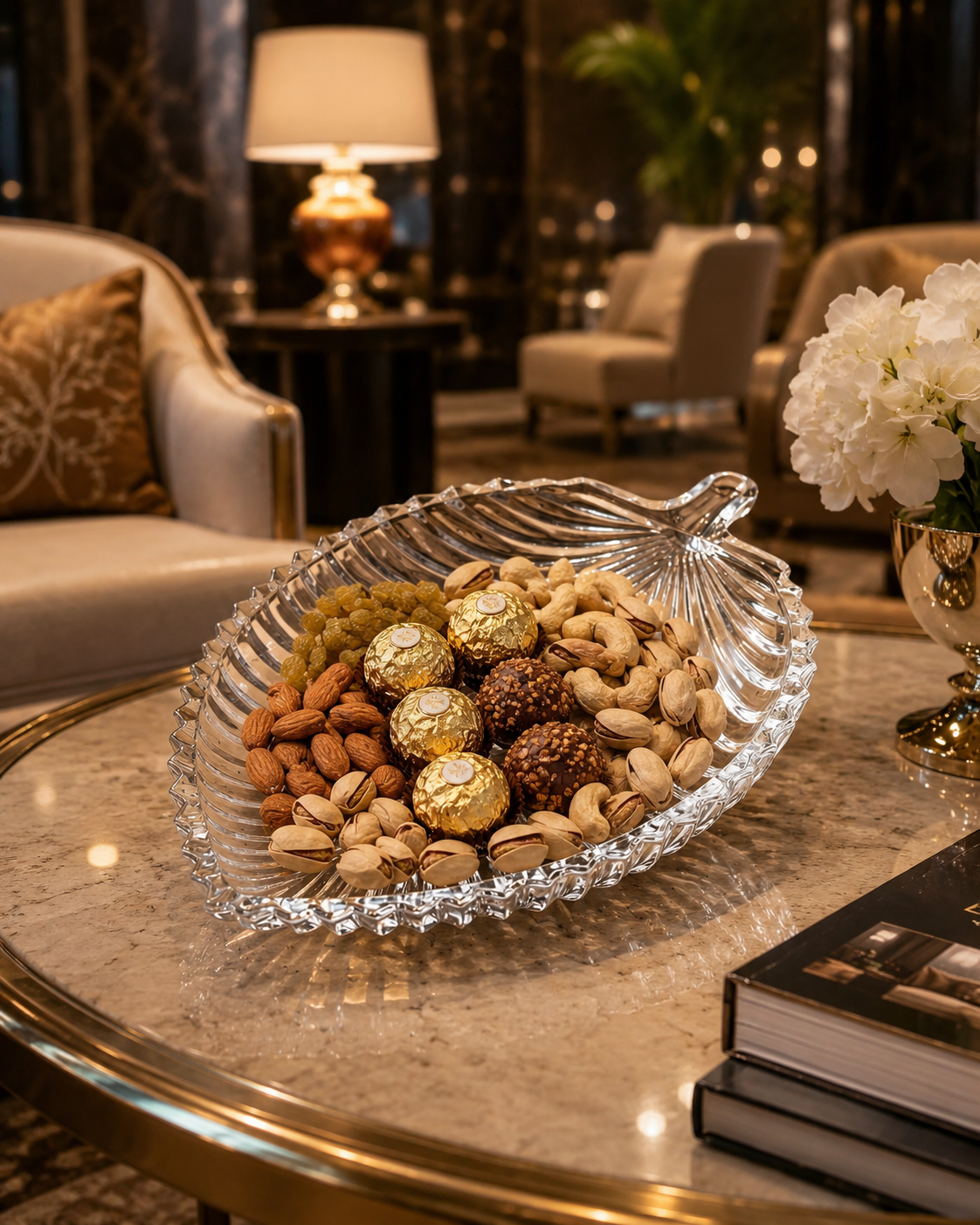 Elegant Leaf Shaped Glass Serving Plate for Dry Fruits and Snacks