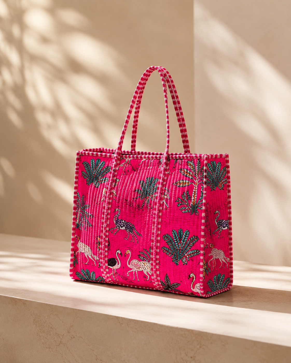 Vibrant Pink Jungle Safari Quilted Tote Bag - Hand-Block Printed Cotton Travel and Beach Shoulder Bag