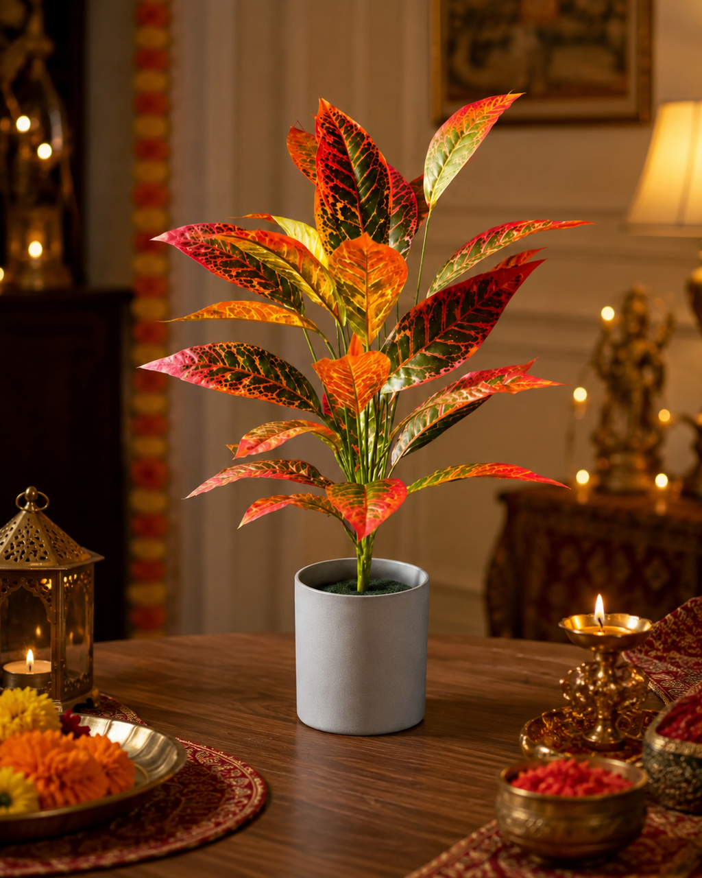 Faux Colorful Leaf Indoor Artificial Plant with Grooved Planter