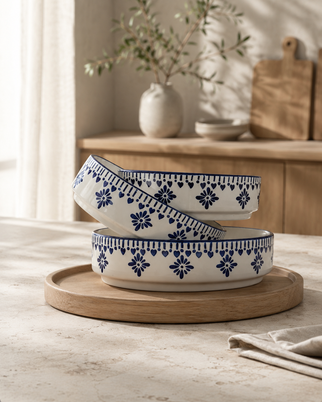 Artisan Blue & White Floral Ceramic Serving Bowls (Set of 3)
