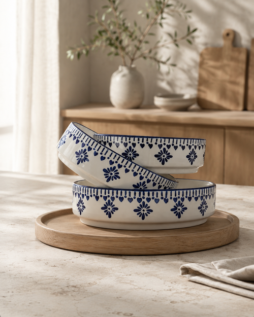 Artisan Blue & White Floral Ceramic Serving Bowls (Set of 3)