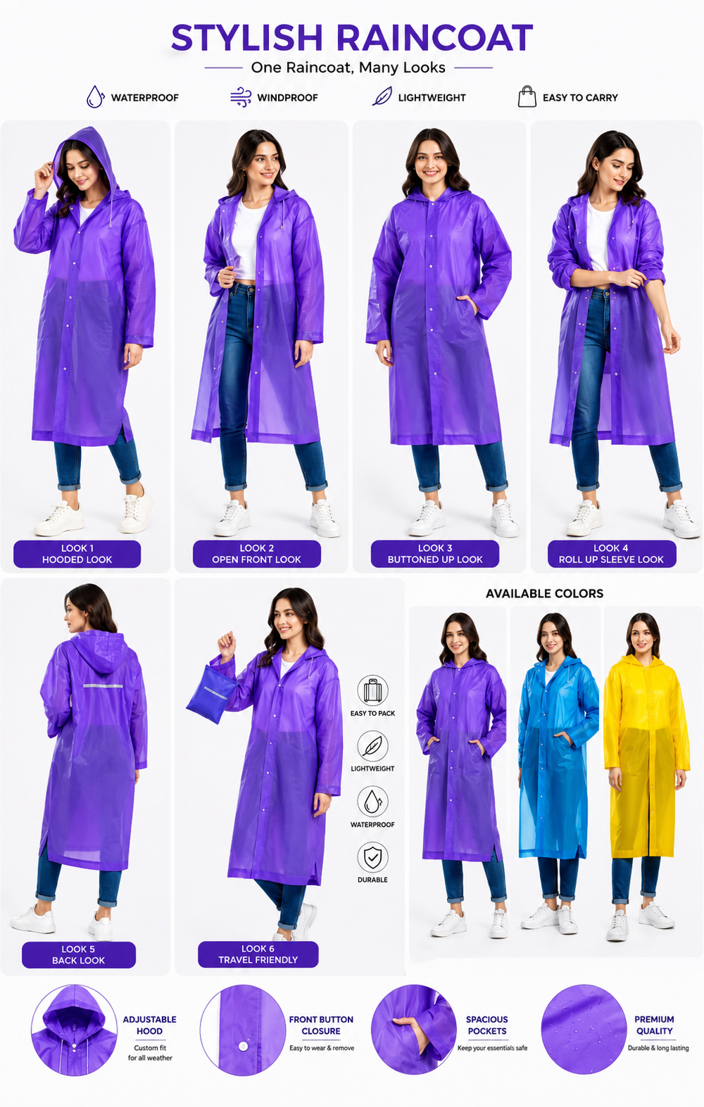 Premium Long Purple Rain Jacket for Men and Women Unisex Rain Gear