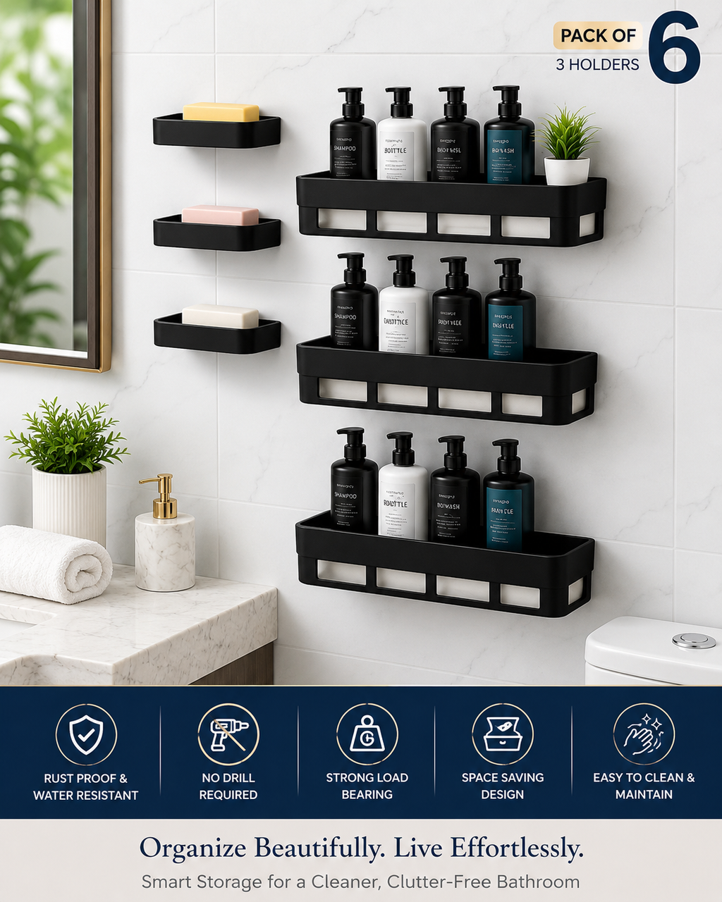 Self-Adhesive Wall Mounted Bathroom Caddy and Soap Holder Set