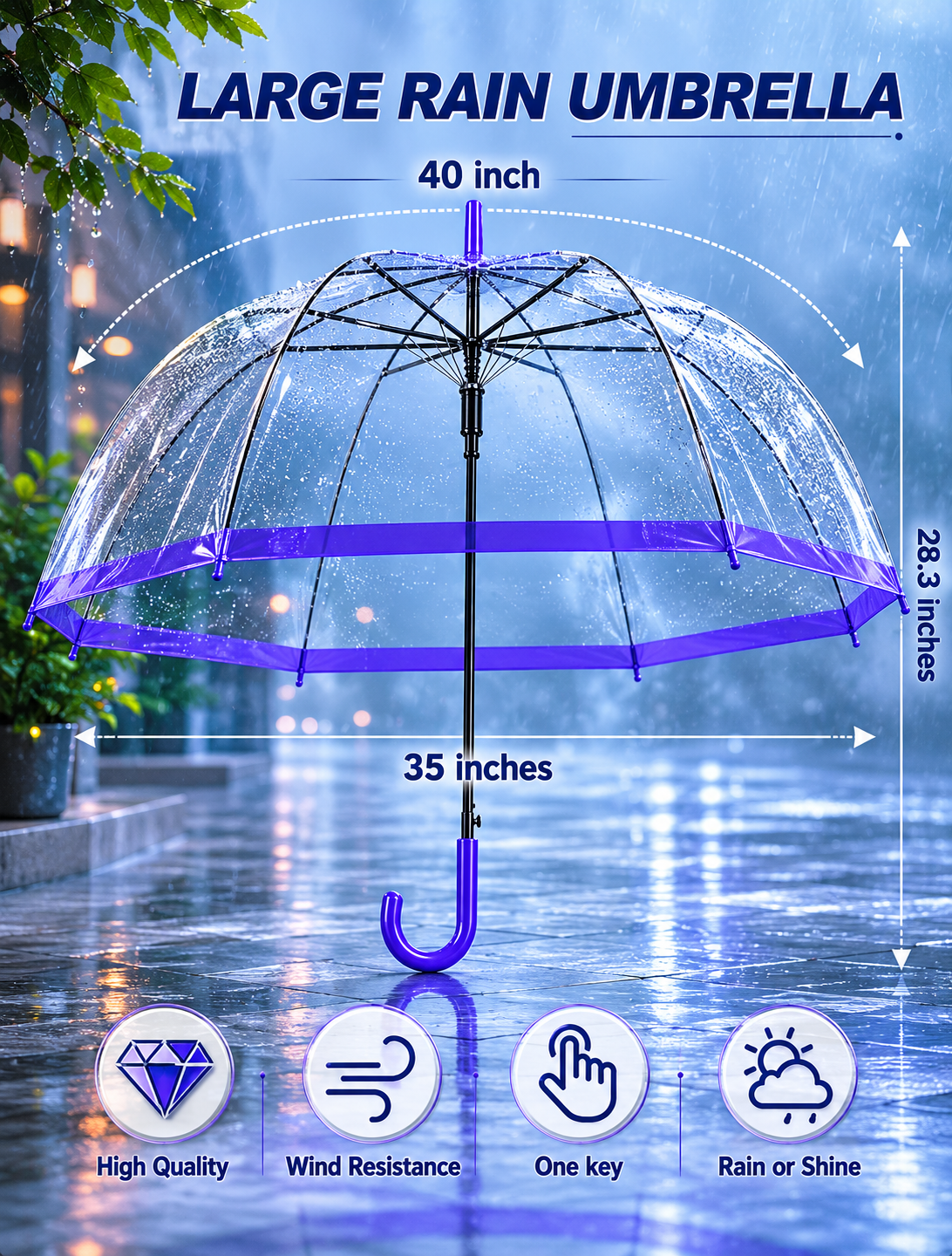Clear Dome Rain Umbrella - Windresistant & Waterproof Transparent Umbrella with Purple Trim