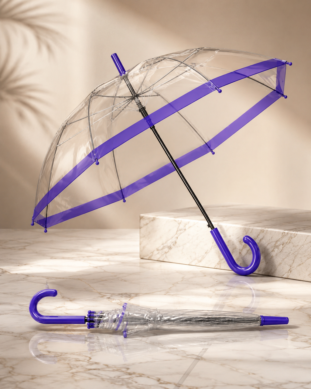 Clear Dome Rain Umbrella - Windresistant & Waterproof Transparent Umbrella with Purple Trim