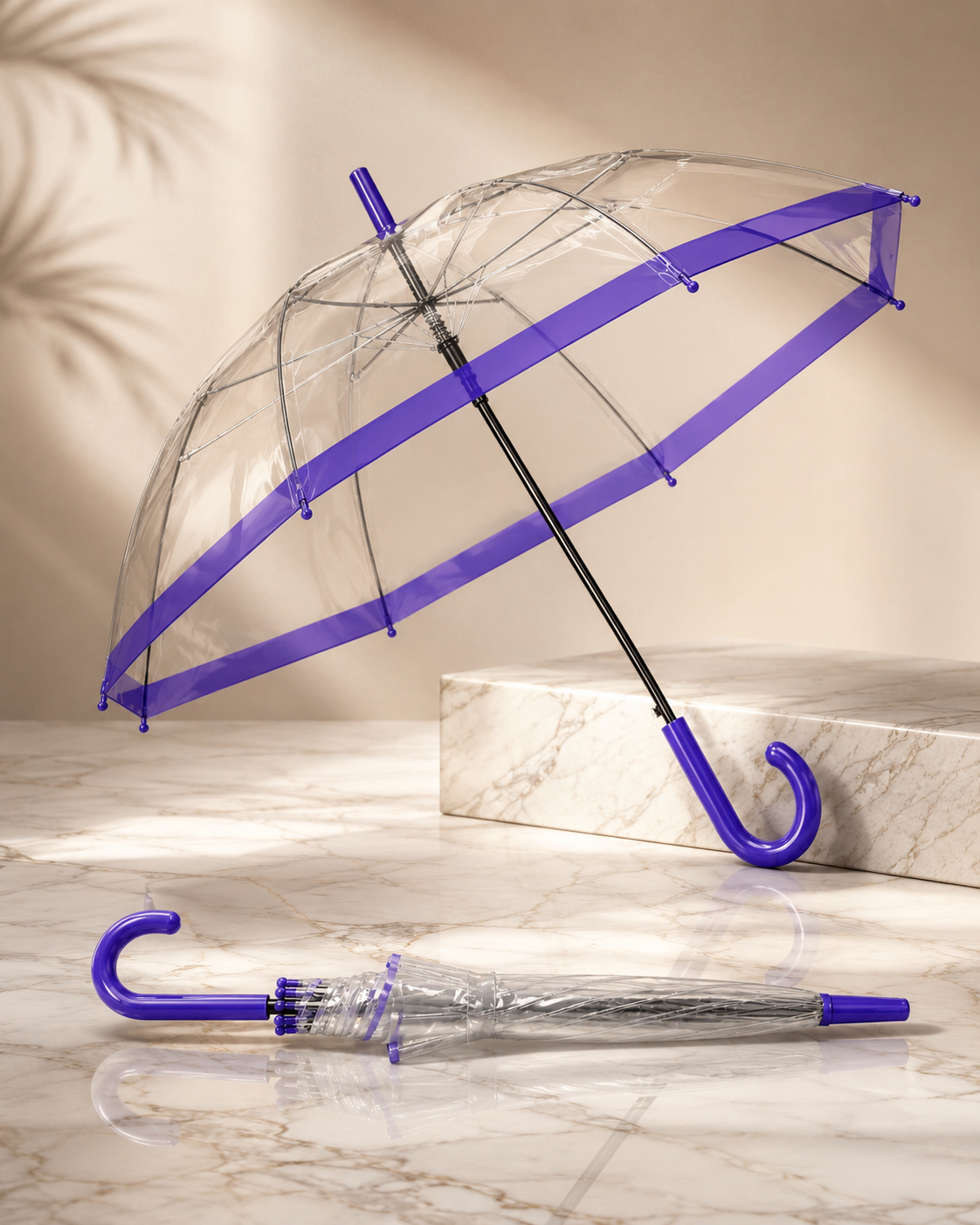 Clear Dome Rain Umbrella - Windresistant & Waterproof Transparent Umbrella with Purple Trim