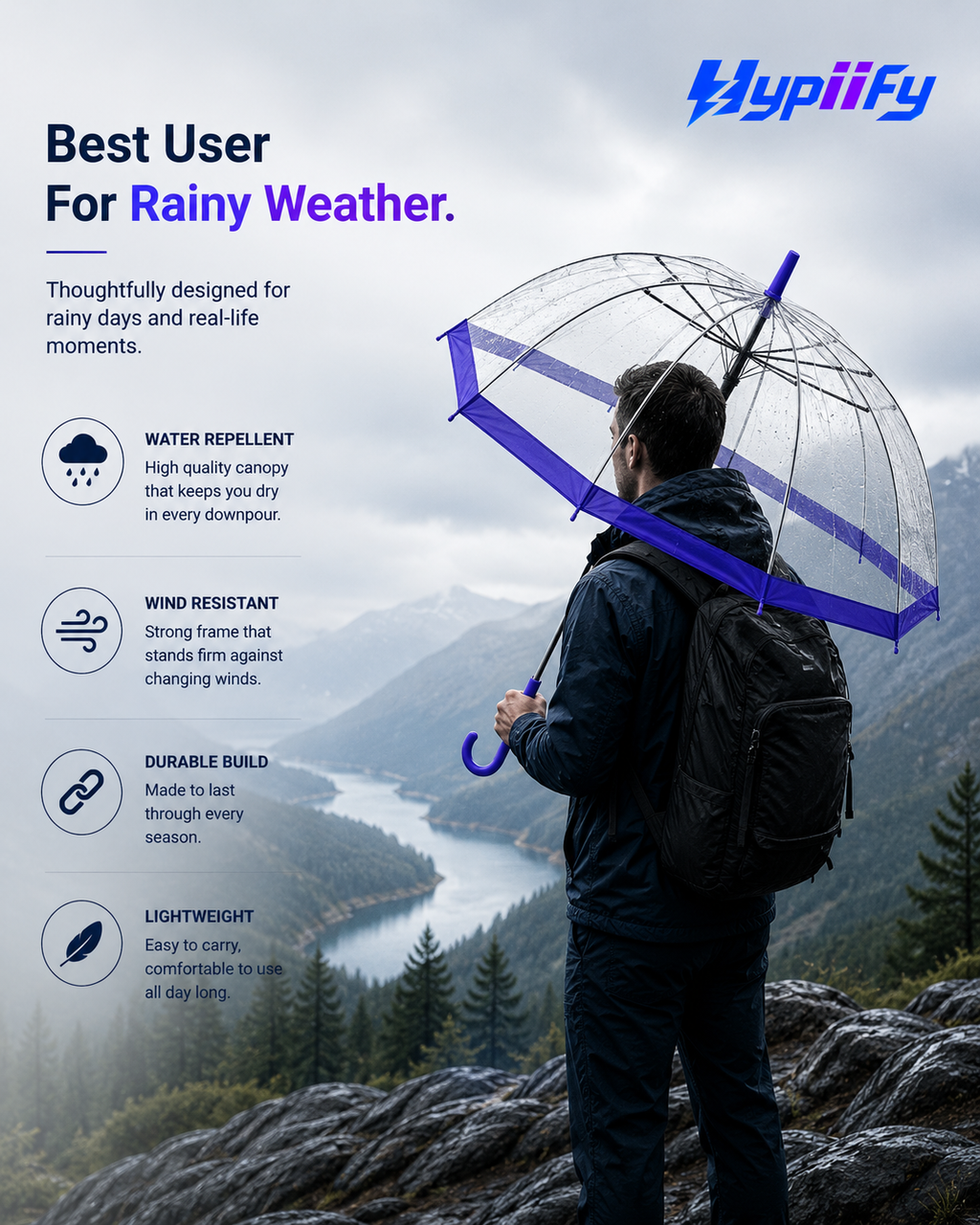 Clear Dome Rain Umbrella - Windresistant & Waterproof Transparent Umbrella with Purple Trim